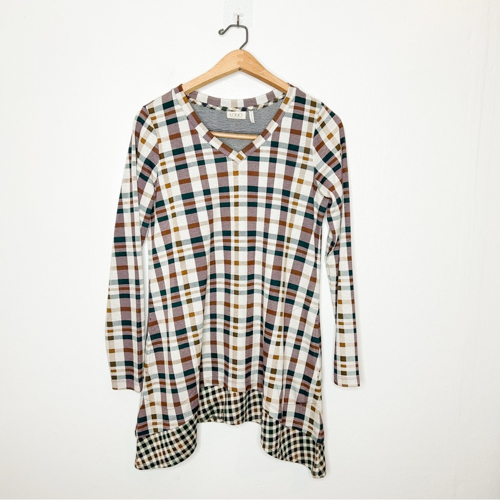 LOGO by Lori Goldstein Mixed Plaid V-neck Knit Tunic Top XS‎